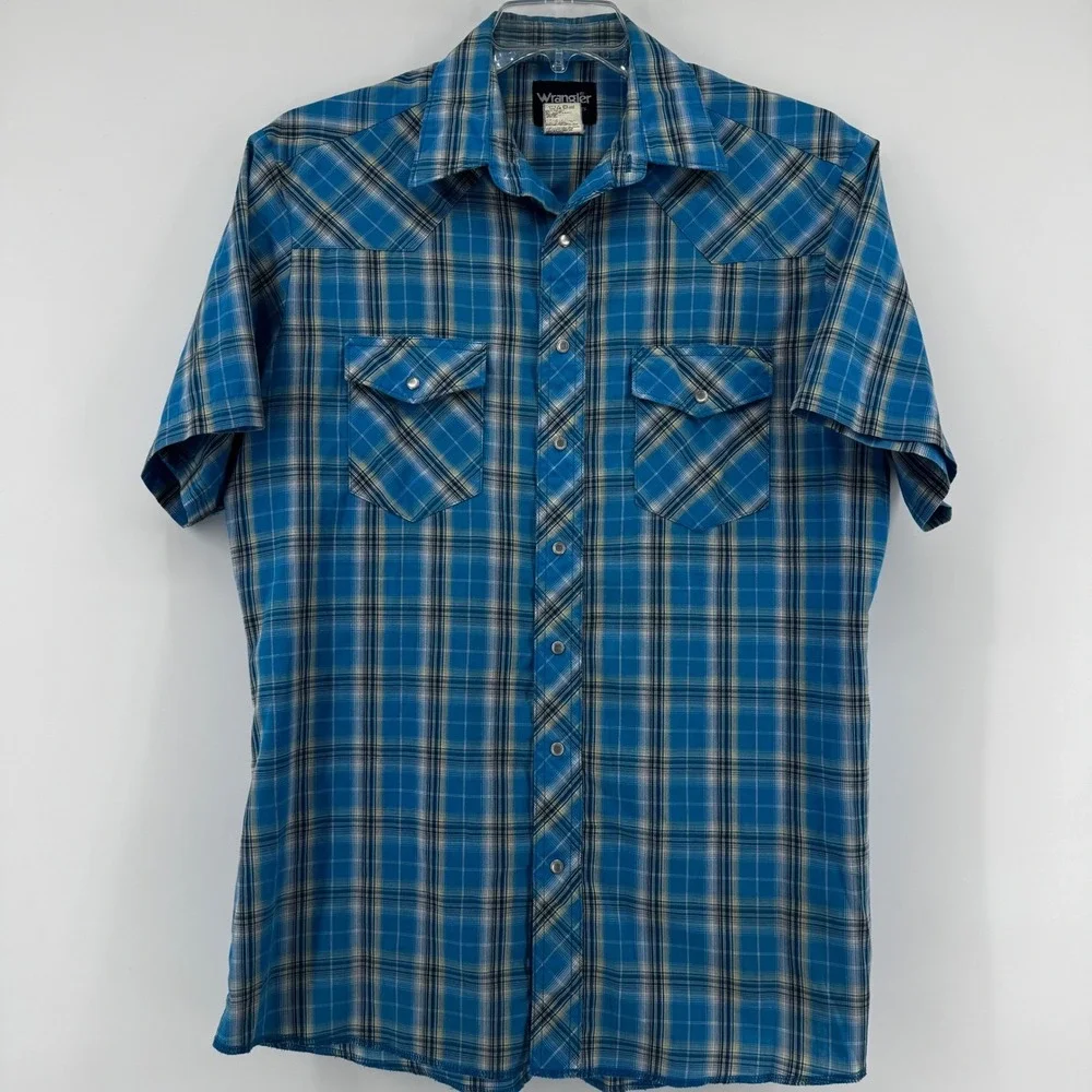 Wrangler Western Shirt Mens Short Sleeve Plaid Blue Tall Size‎ LT